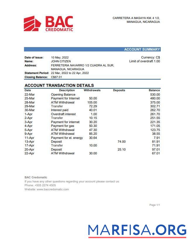 Realistic Nicaragua BAC Credomatic bank statement excel sample